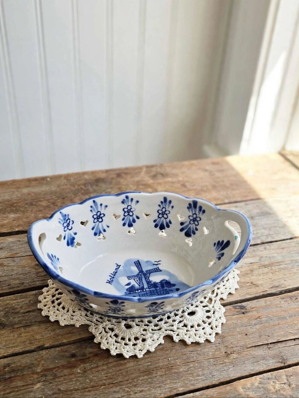 Vintage Delft Blue Holland Reticulated Oval Bowl Windmill Design by TS
